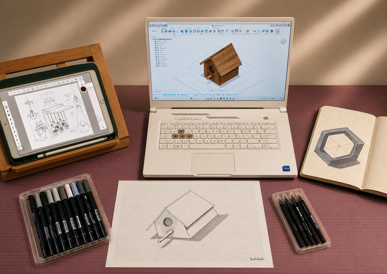 Designer Workspace with Birdhouse CAD Model